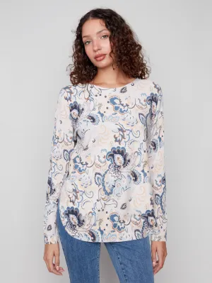 Non Restrictive Armhole Chilly Day Comfort Printed Rounded Hem Sweater - Blush
