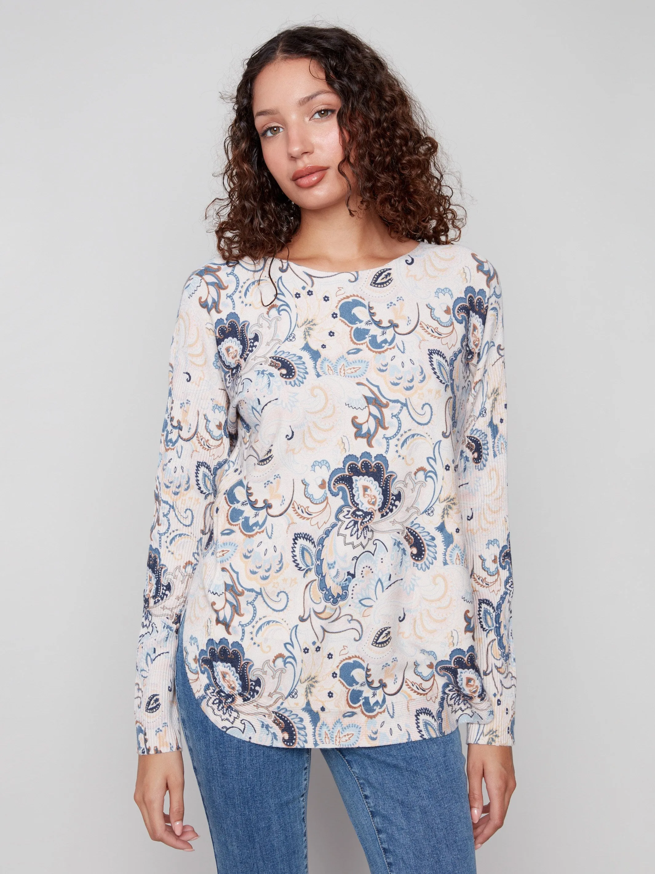 Non Restrictive Armhole Chilly Day Comfort Printed Rounded Hem Sweater - Blush