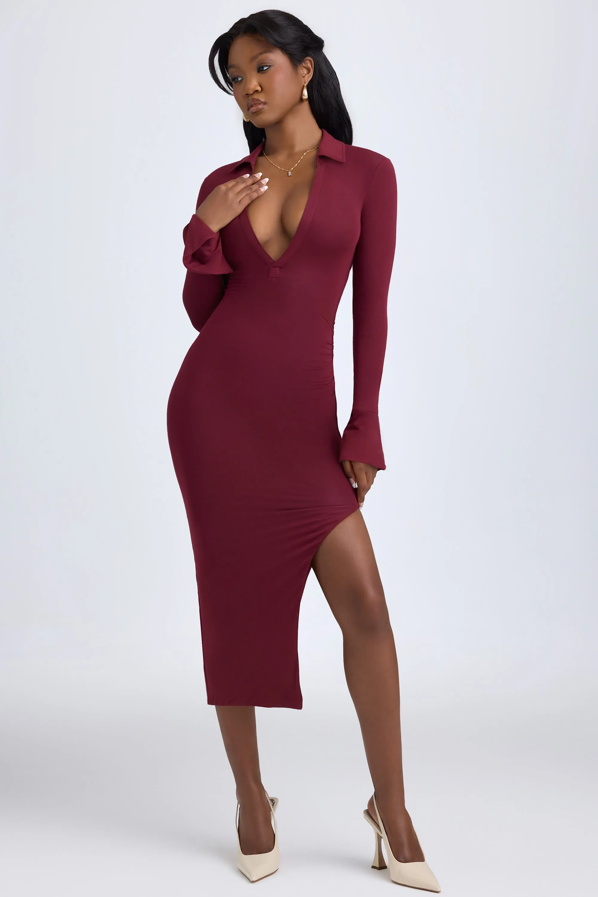 Clear Mind WindproofInterior Modal Plunge V-Neck Midaxi Dress in Wine Red