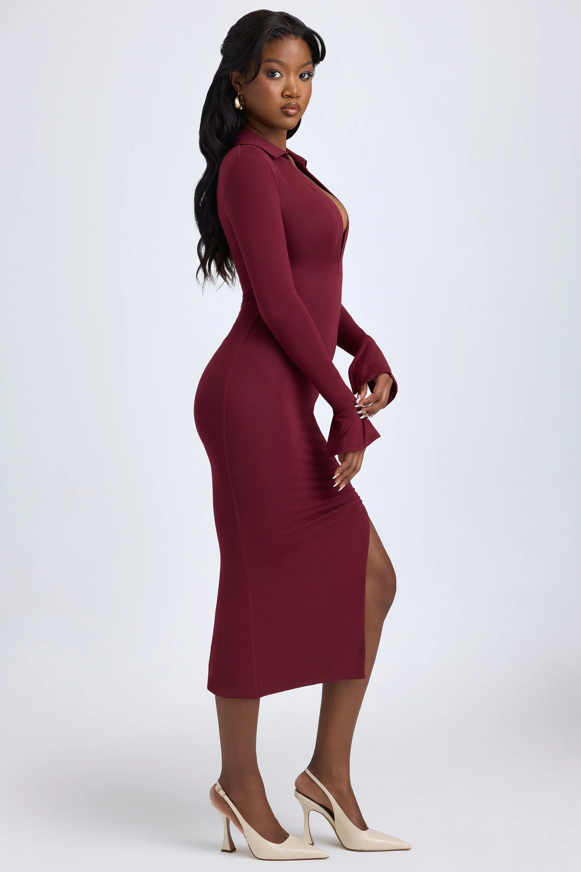 Modal Plunge V-Neck Midaxi Dress in Wine Red Relaxed Look