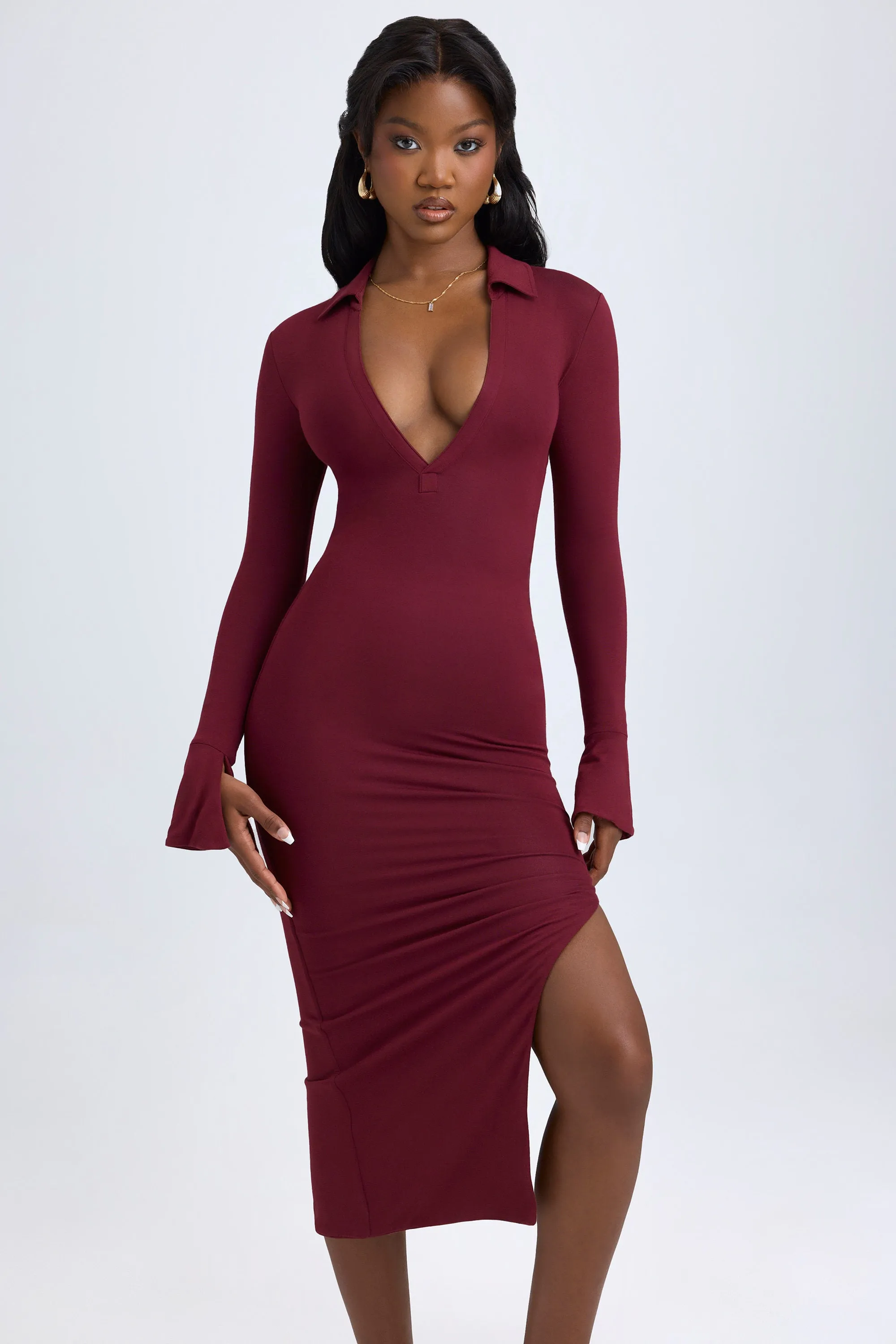Modal Plunge V-Neck Midaxi Dress in Wine Red London Edge