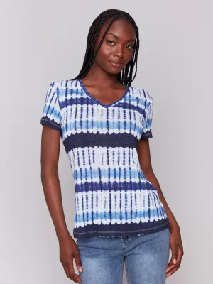 Effortless Daywear Moisture Control Fabric Printed Linen Blend V-Neck T-Shirt - Riviera