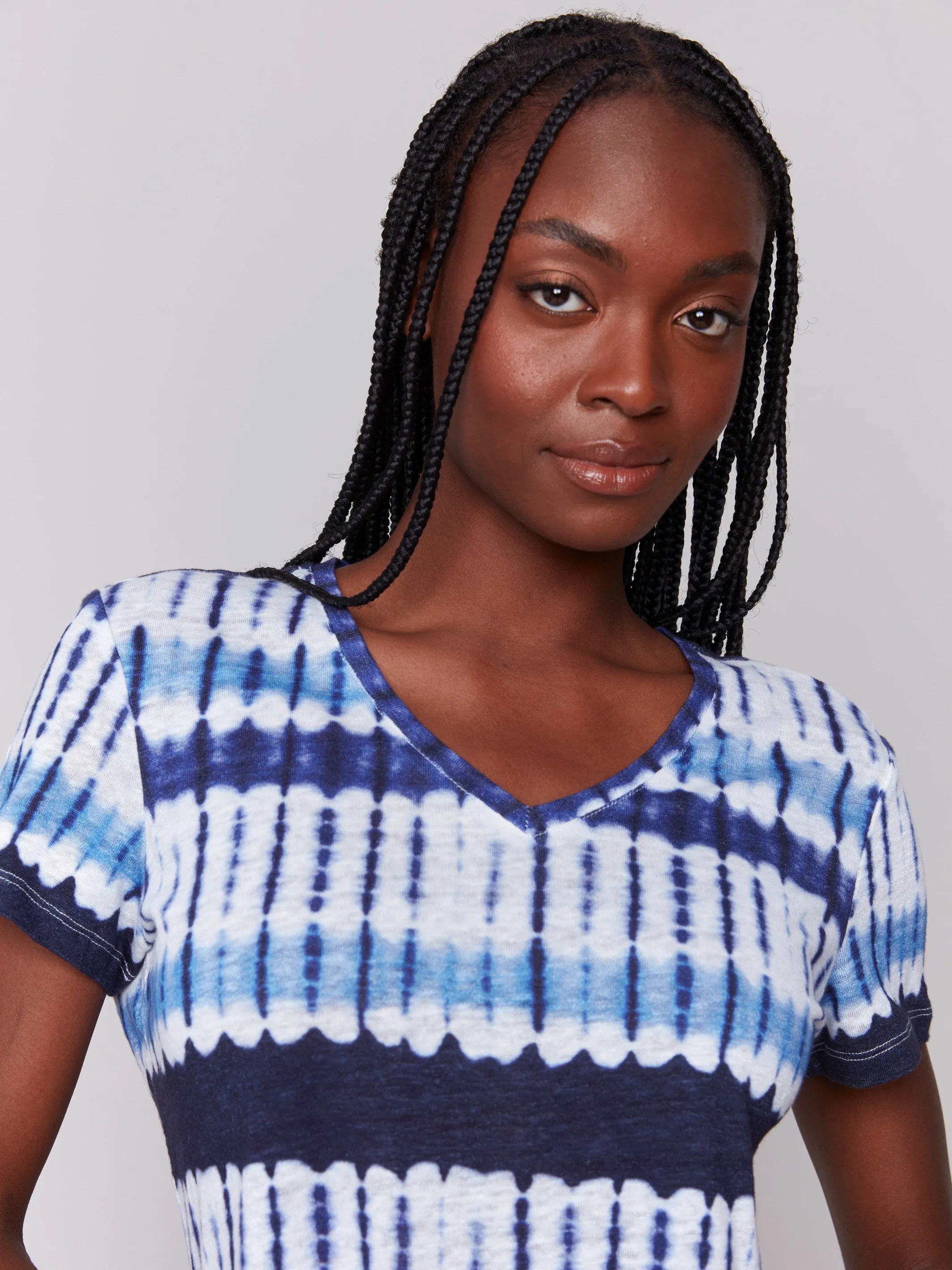 Printed Linen Blend V-Neck T-Shirt - Riviera Cool and Comfortable