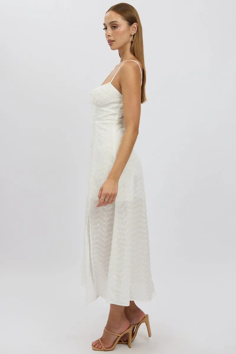 Layering friendly White Midi Dress Gathered Bust Eyelet Fabric