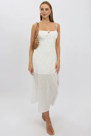 Stylish Silhouettes White Midi Dress Gathered Bust Eyelet Fabric