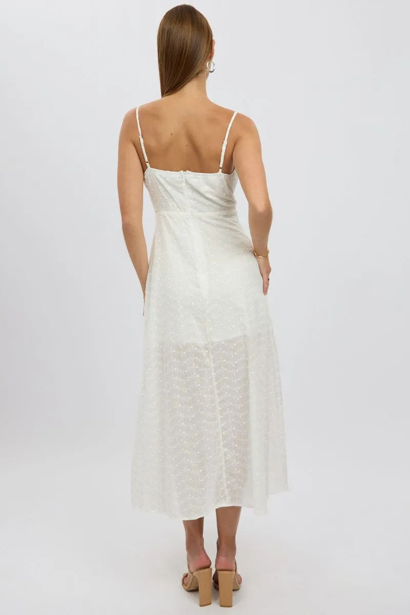 White Midi Dress Gathered Bust Eyelet Fabric Classic Style