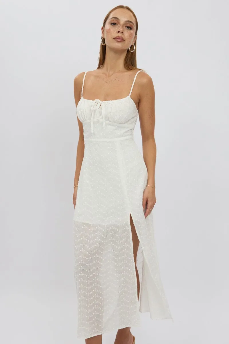 White Midi Dress Gathered Bust Eyelet Fabric Street Chic