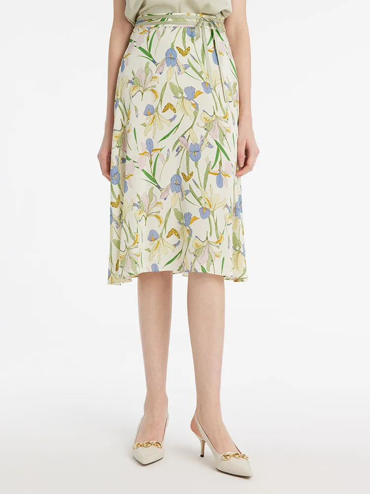 Fashion Week Ready 19 Momme Mulberry Silk Iris Print Women Half Skirt