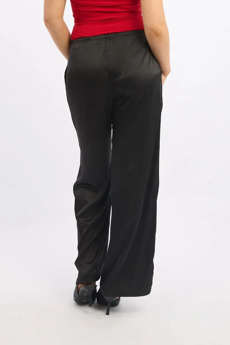 Black Wide Leg Pants High Rise Satin Stylish Waistband