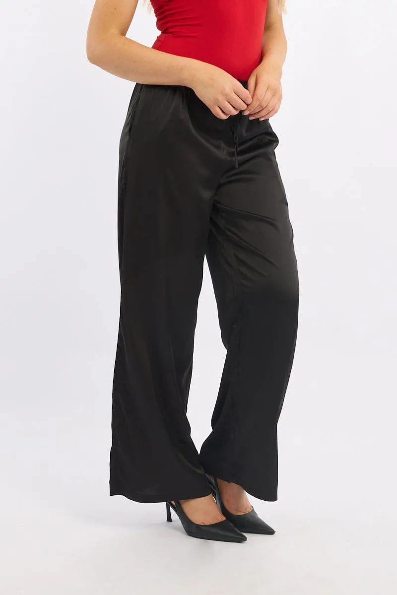 Fashionable Comfort Convertible legs Black Wide Leg Pants High Rise Satin