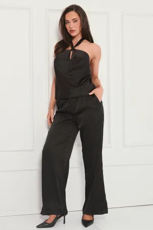Heat Dissipating elastic waistband Black Wide Leg Pants High Rise Satin