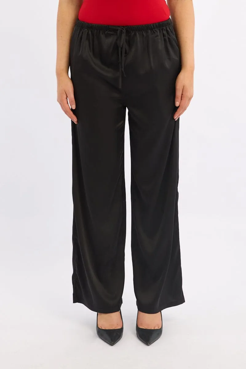 Black Wide Leg Pants High Rise Satin Trendy Cut Perfect Stretch