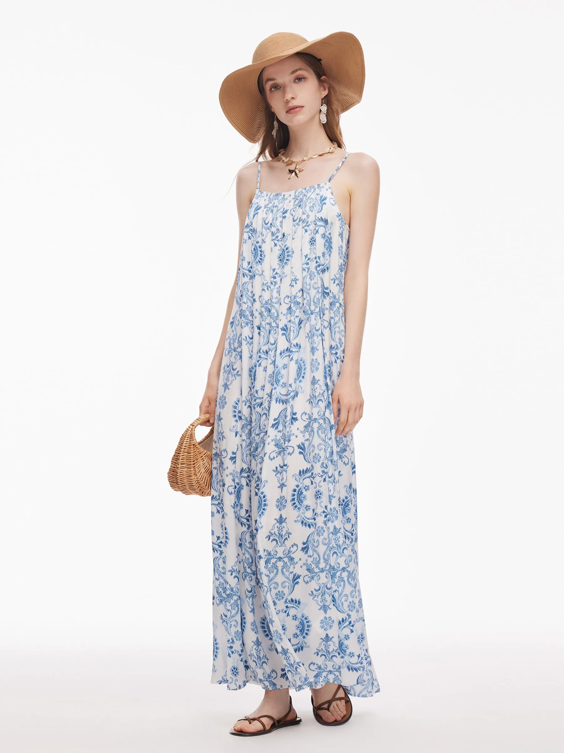 Global Edge Floral Print Pleated Women Adjustable Straps Maxi Dress