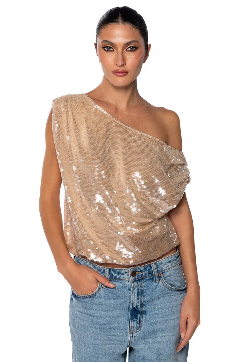 Impact - resistant MY WORLD ASYMMETRICAL SEQUIN TOP