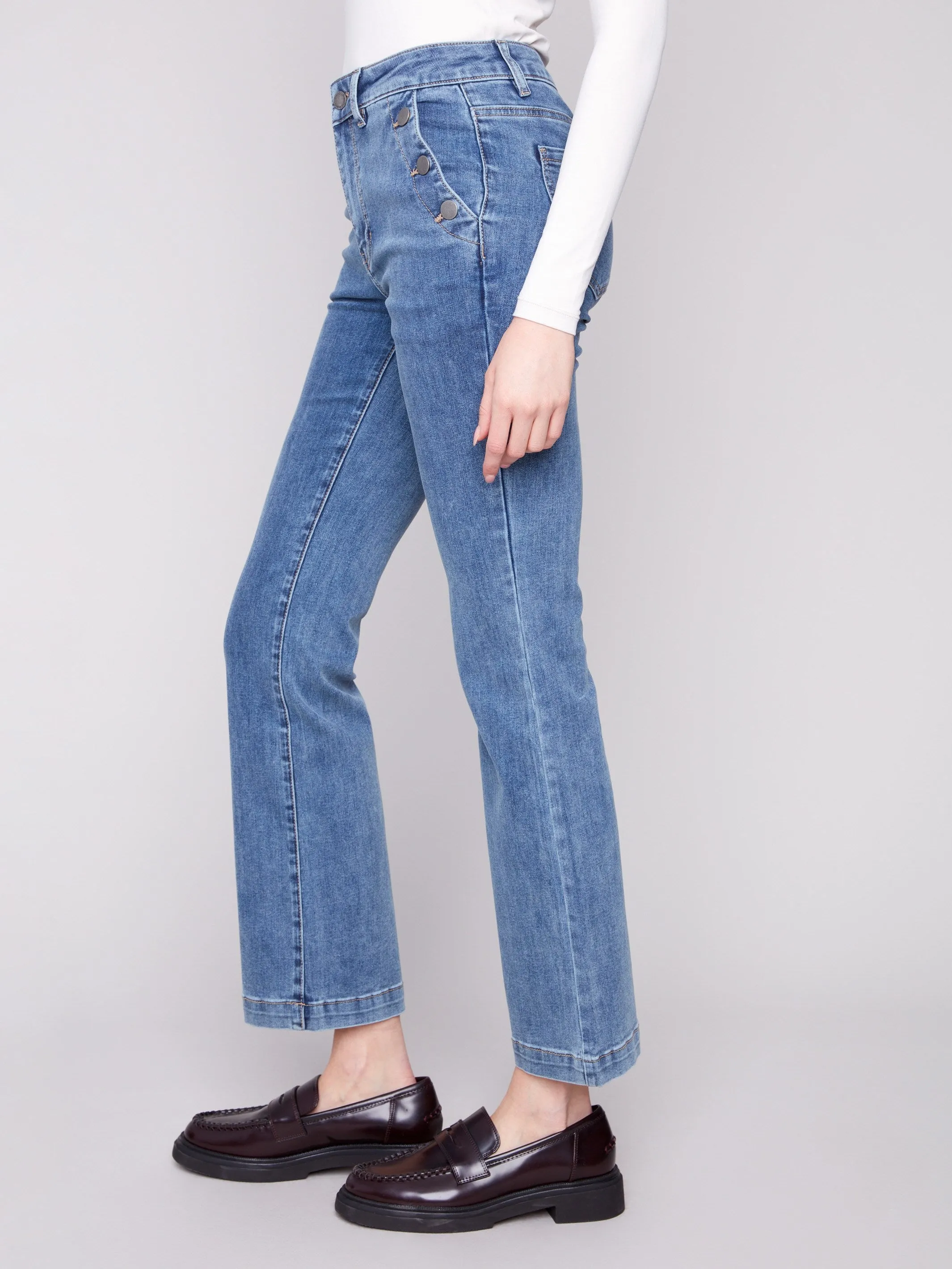 Lockstitch Construction Flare Leg Stretch Jeans With Buttons - Medium Blue