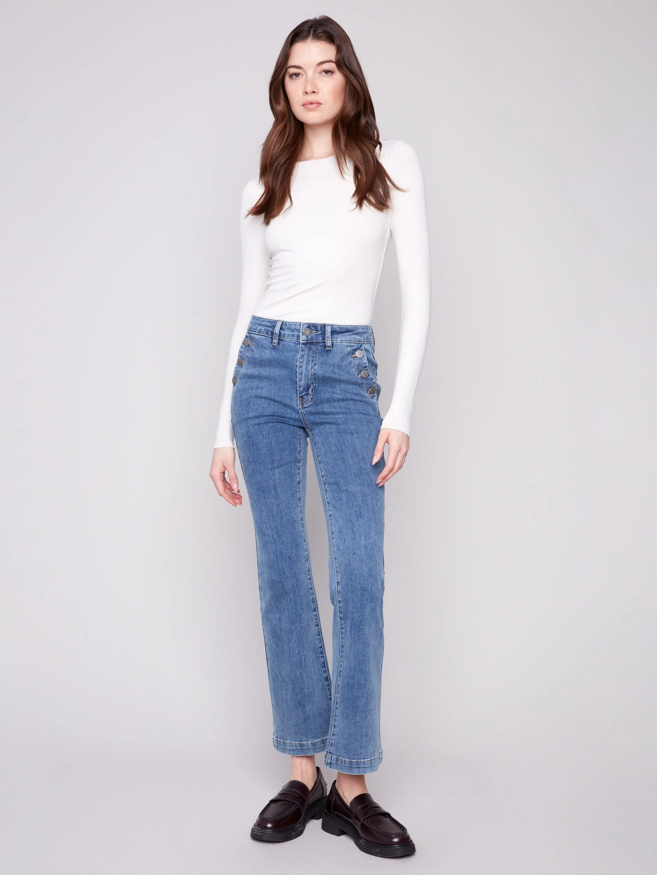 Flare Leg Stretch Jeans With Buttons - Medium Blue Flexible Match