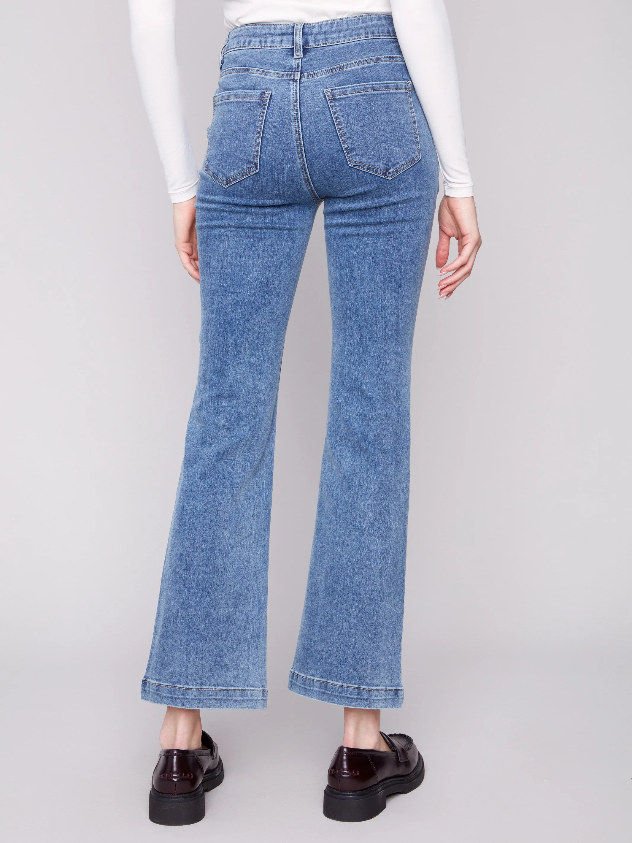 Airy Touch Everyday Use Flare Leg Stretch Jeans With Buttons - Medium Blue