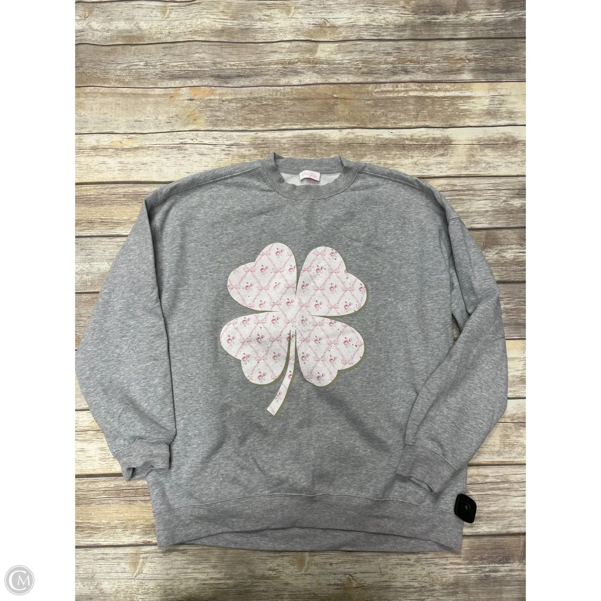 Sweatshirt Crewneck By Pink Lily In Grey & Pink, Size: L StaticFreeLining Handmade Glow