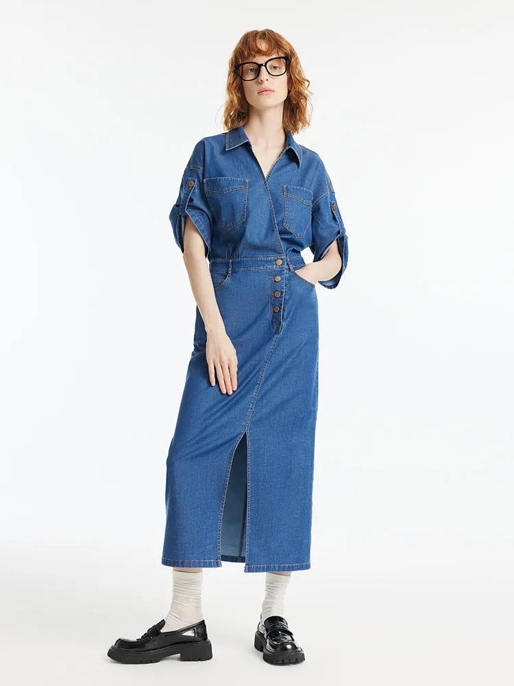 Denim V-Neck Slit Lapel Women Maxi Dress Team Vibe