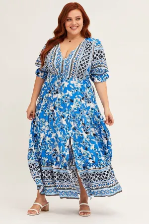 Boho Print Short Bubble Sleeve Boho Print Maxi Dress Olive Grove