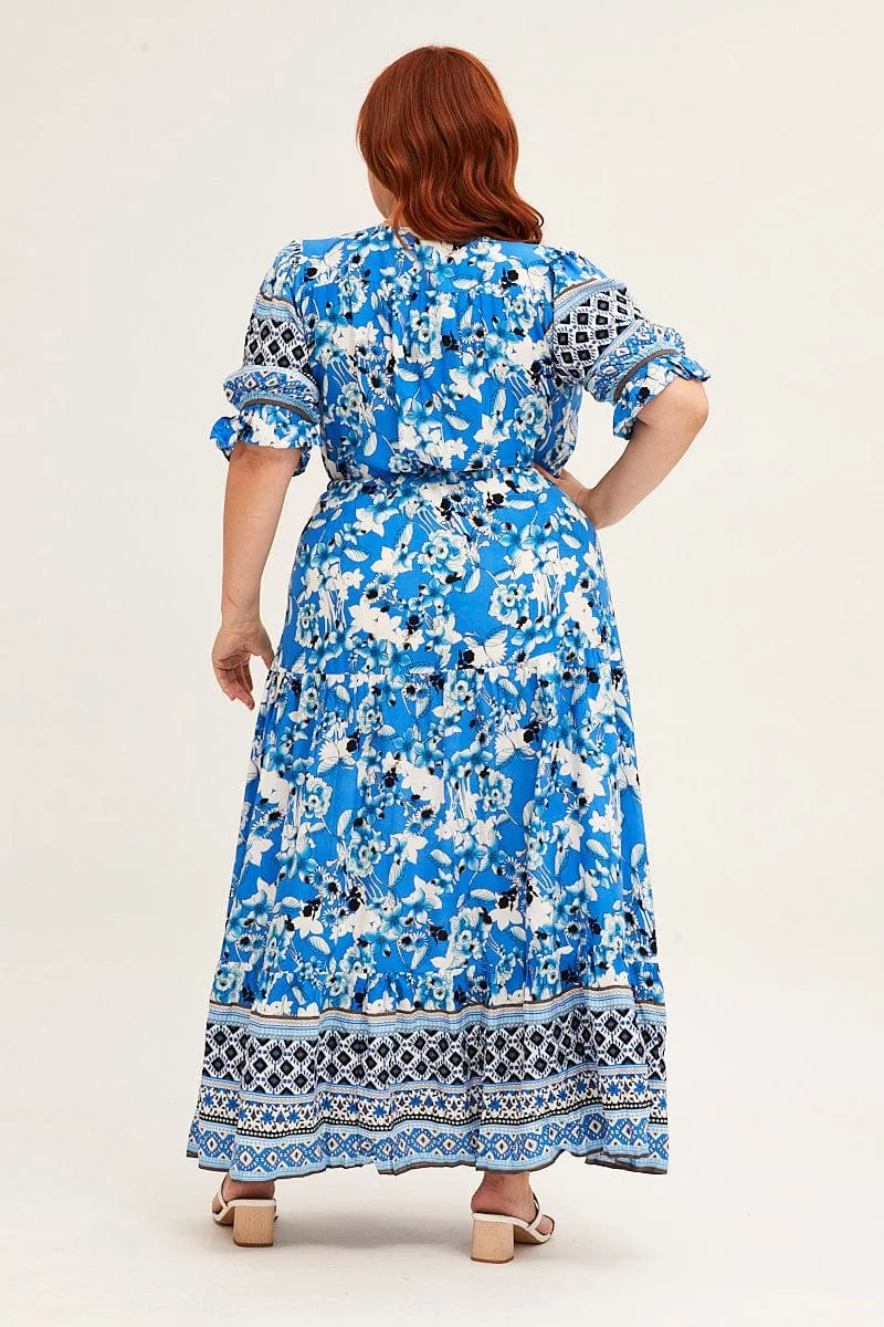 Marina Scene Batiste Glow Boho Print Short Bubble Sleeve Boho Print Maxi Dress