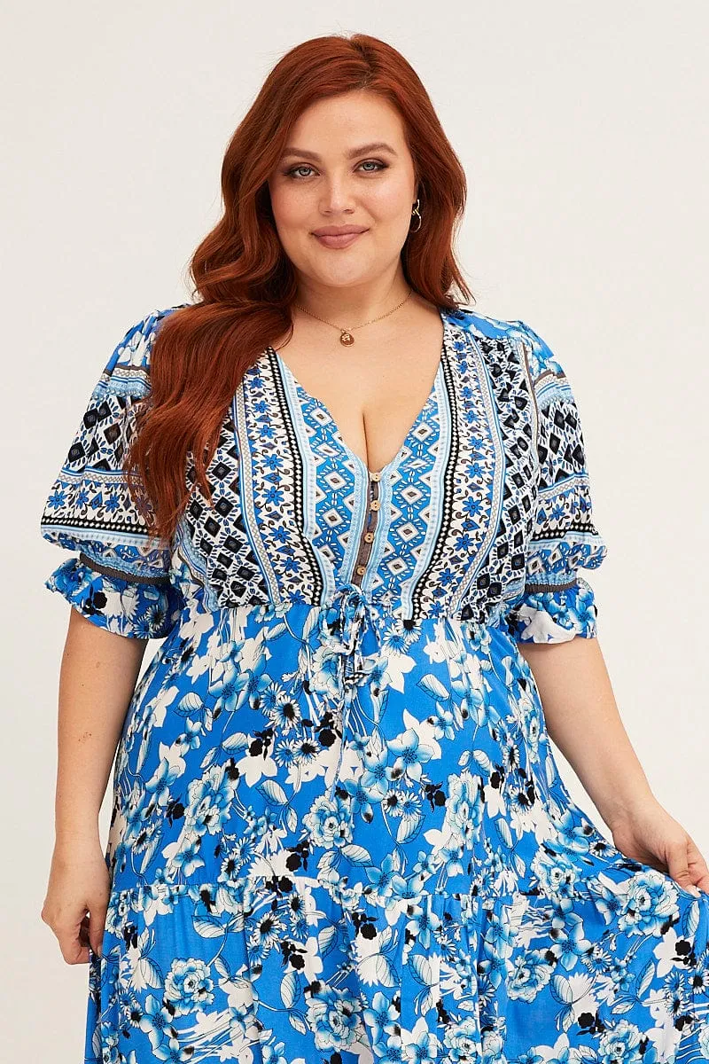 chiffon flow Boho Print Short Bubble Sleeve Boho Print Maxi Dress
