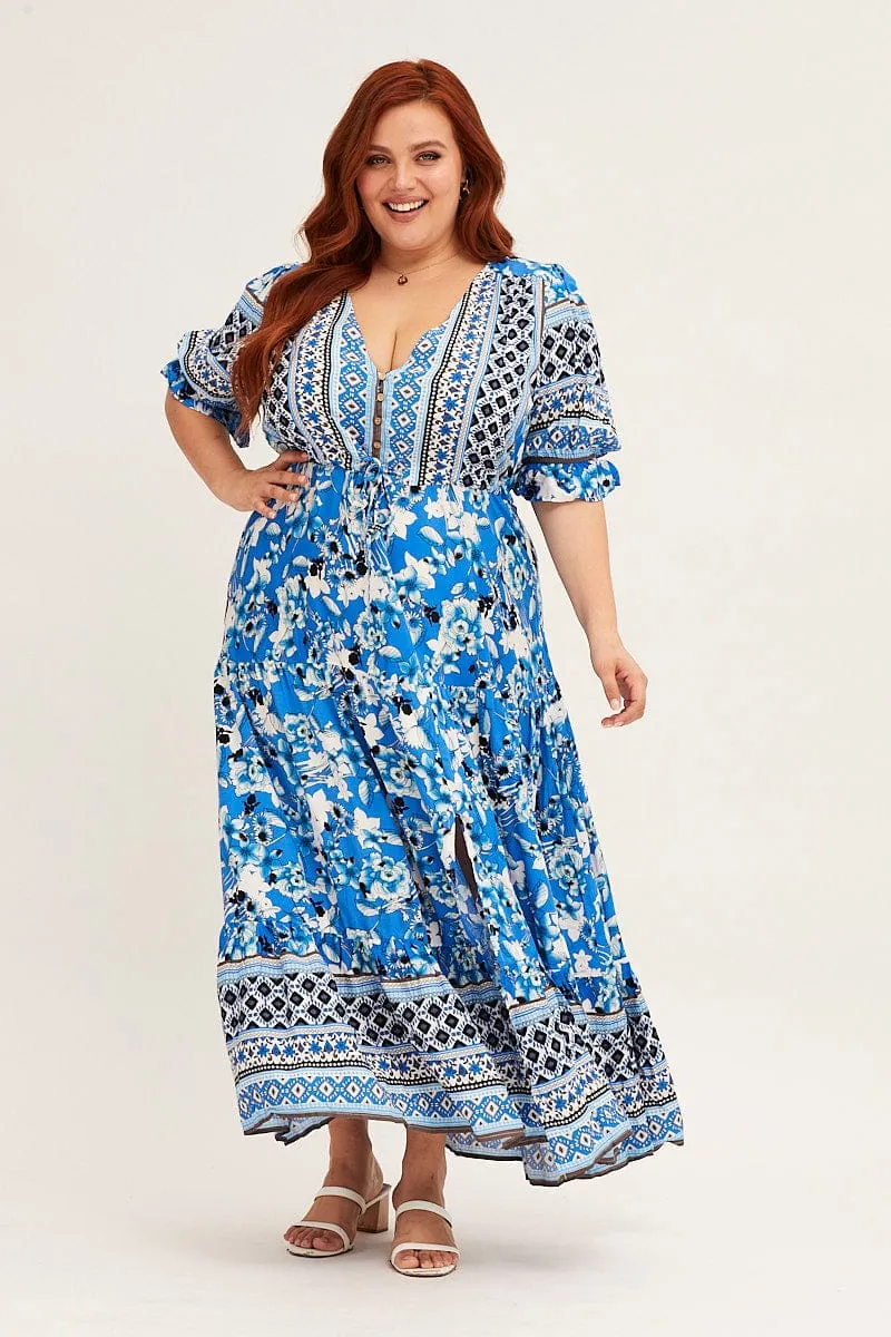 Nickel Glow Boho Print Short Bubble Sleeve Boho Print Maxi Dress