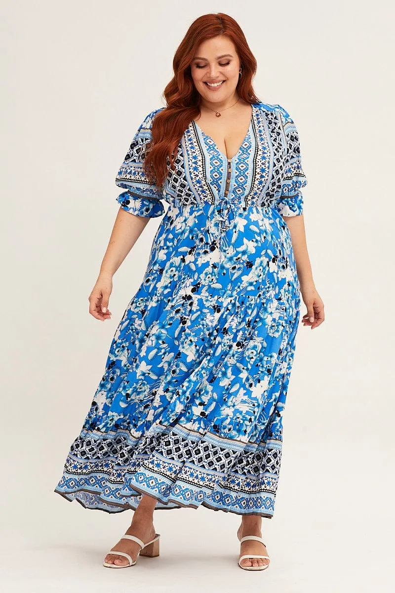 Boho Print Short Bubble Sleeve Boho Print Maxi Dress Canvas Soft