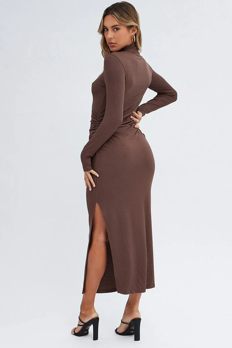Brown Midi Dress Long Sleeve High Neck Rib Jersey Train Gate
