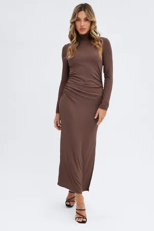 Brown Midi Dress Long Sleeve High Neck Rib Jersey A-line midi dress Haze Light