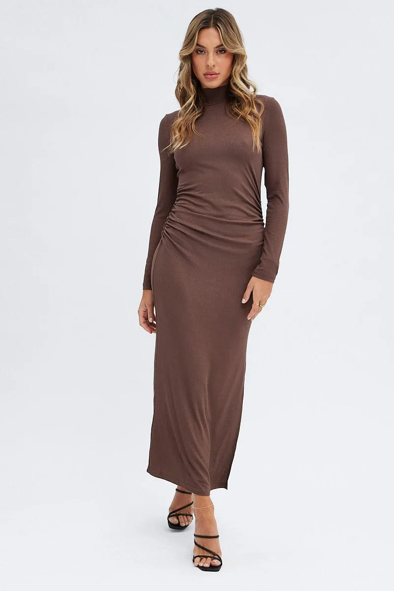 Brown Midi Dress Long Sleeve High Neck Rib Jersey A-line midi dress Haze Light