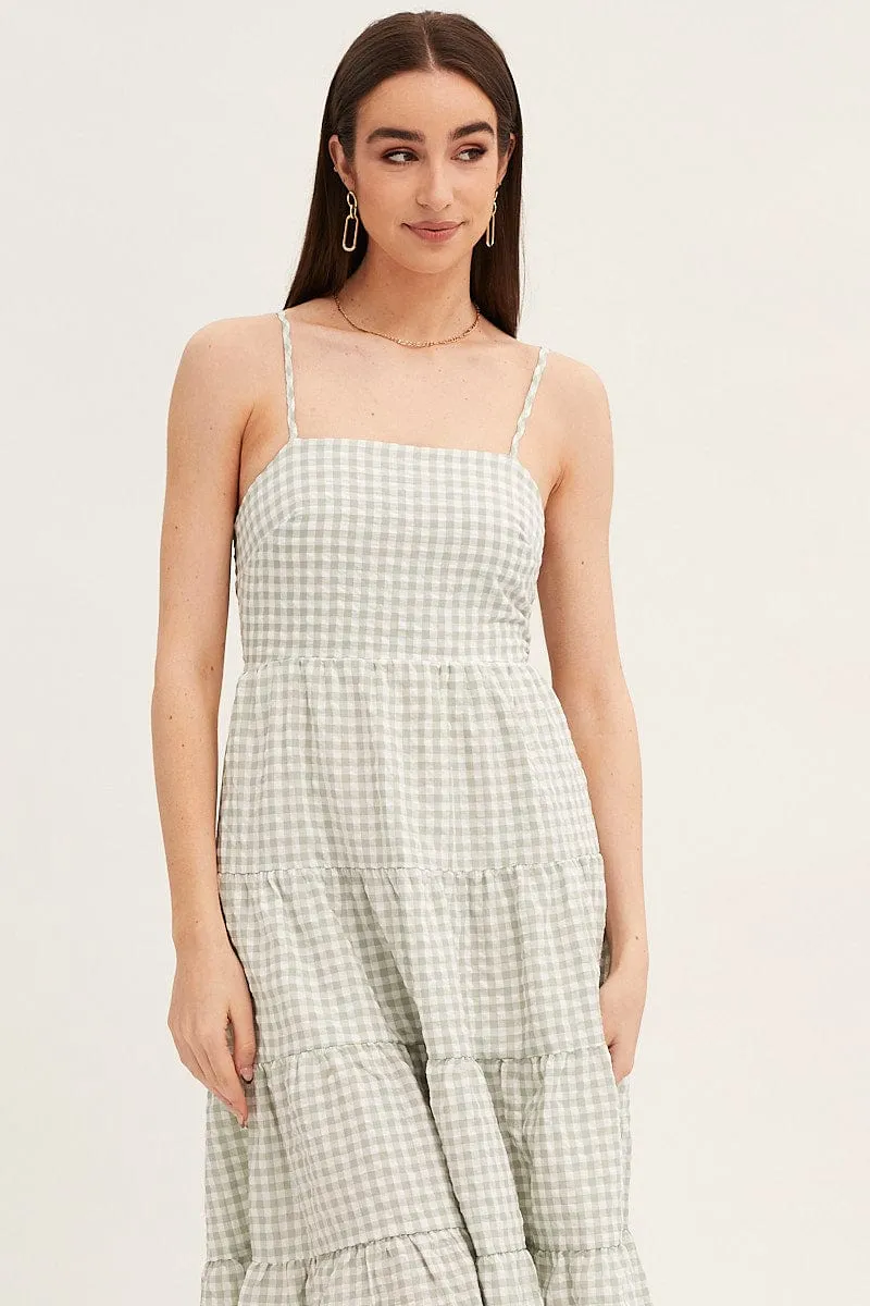 Feast Table Check Sleeveless Backless Tiered Midi Dress