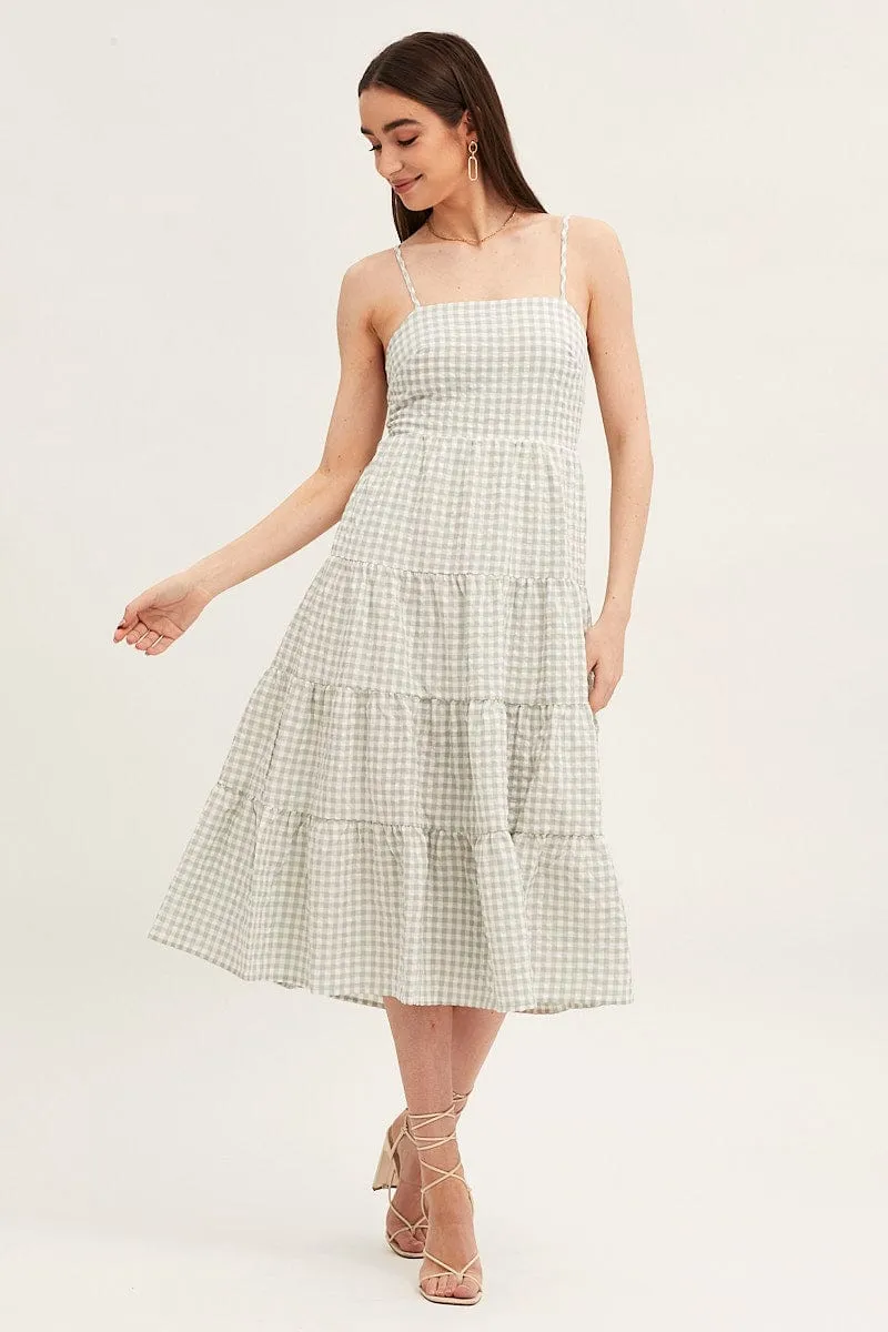 Check Sleeveless Backless Tiered Midi Dress Comfy chic Wood Scent