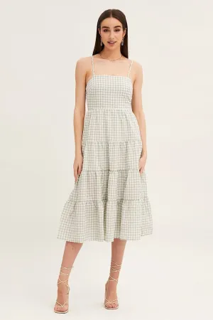 Check Sleeveless Backless Tiered Midi Dress River Side