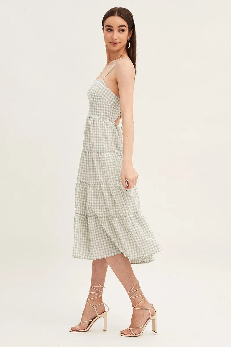 Check Sleeveless Backless Tiered Midi Dress Layer Light