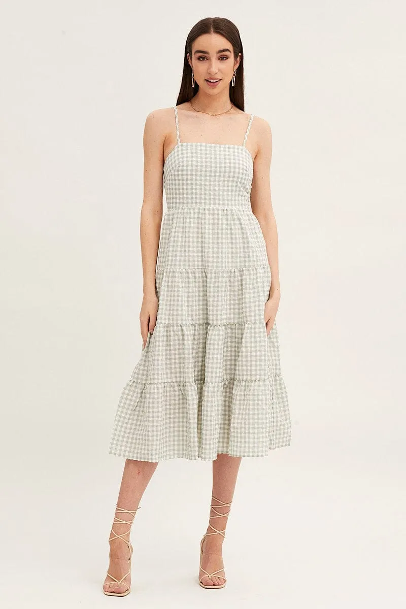 Check Sleeveless Backless Tiered Midi Dress River Side