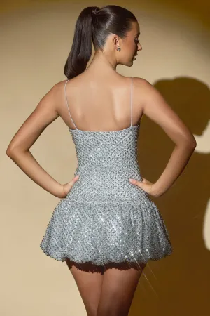 Head Turn Quick Scene Embellished Bubble Hem Mini Dress in Silver