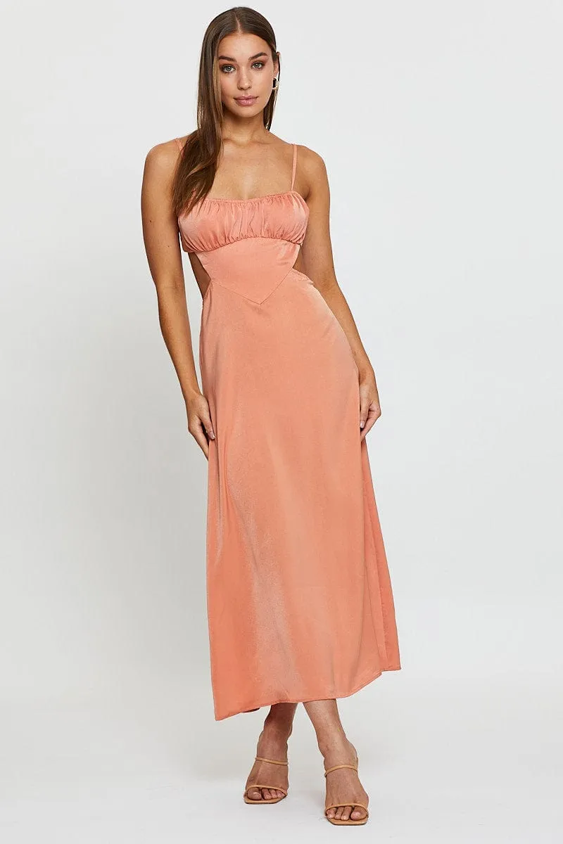 All-Season Style Stylish Comfort Orange Midi Dress Evening Cowl Neck