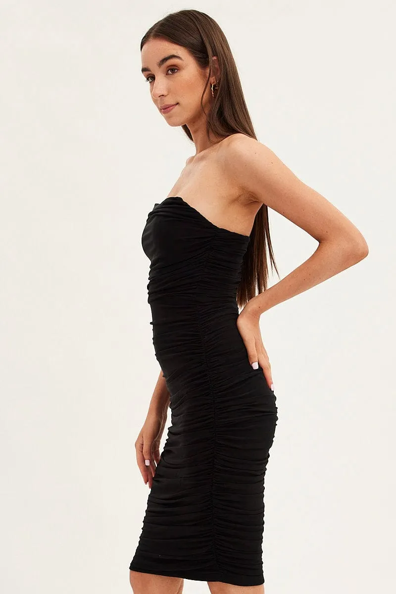 Flattering Cut Black Midi Dress Bodycon Ruched Mesh
