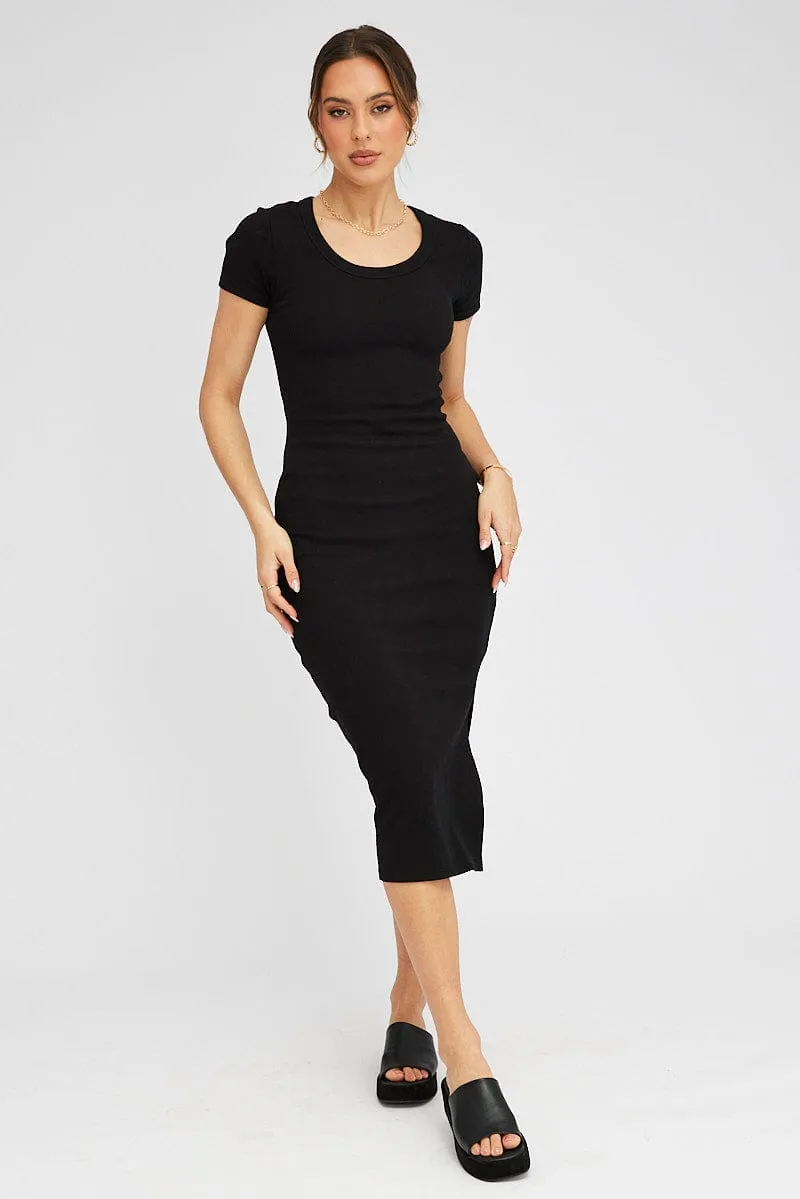 Black Midi Dress Short Sleeve Rib Casual chic midi