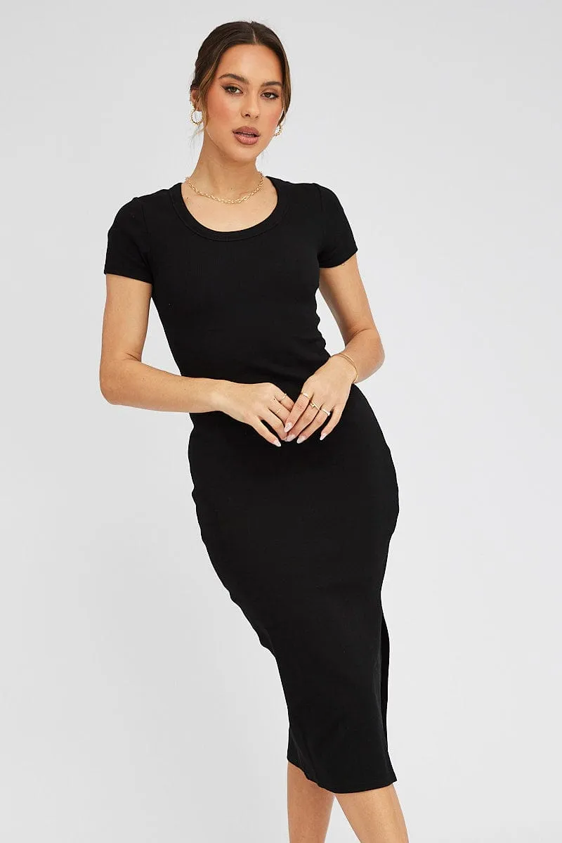Black Midi Dress Short Sleeve Rib Maternity Look Art Space