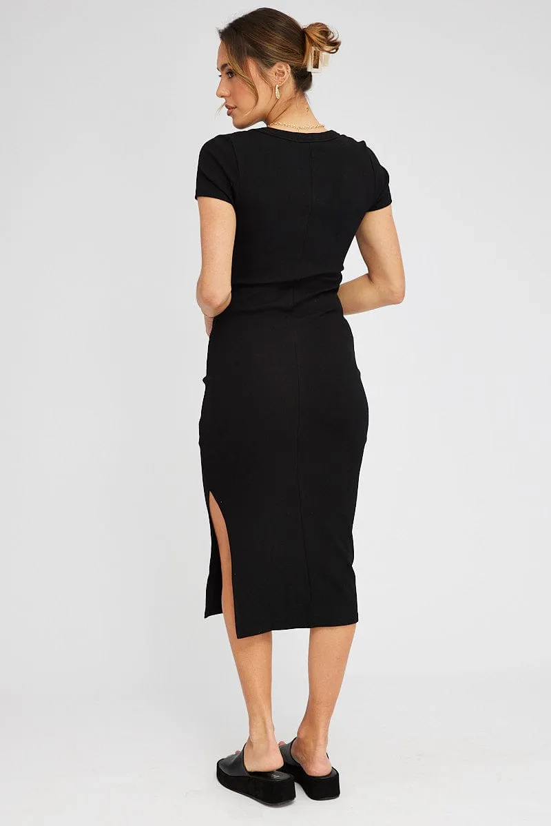 All Season Style Black Midi Dress Short Sleeve Rib