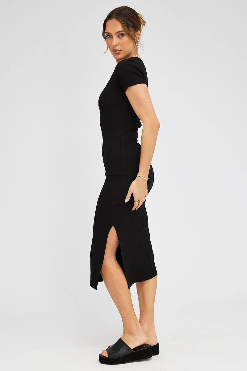 Breezy and lightweight midi Comfortable casual midi Black Midi Dress Short Sleeve Rib