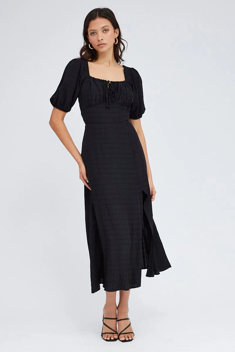 Black Midi Dress Short Sleeve Ruched Bust Chiffon Air Easy Match