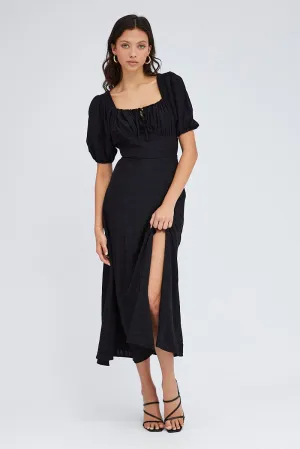 Daily Glam Black Midi Dress Short Sleeve Ruched Bust