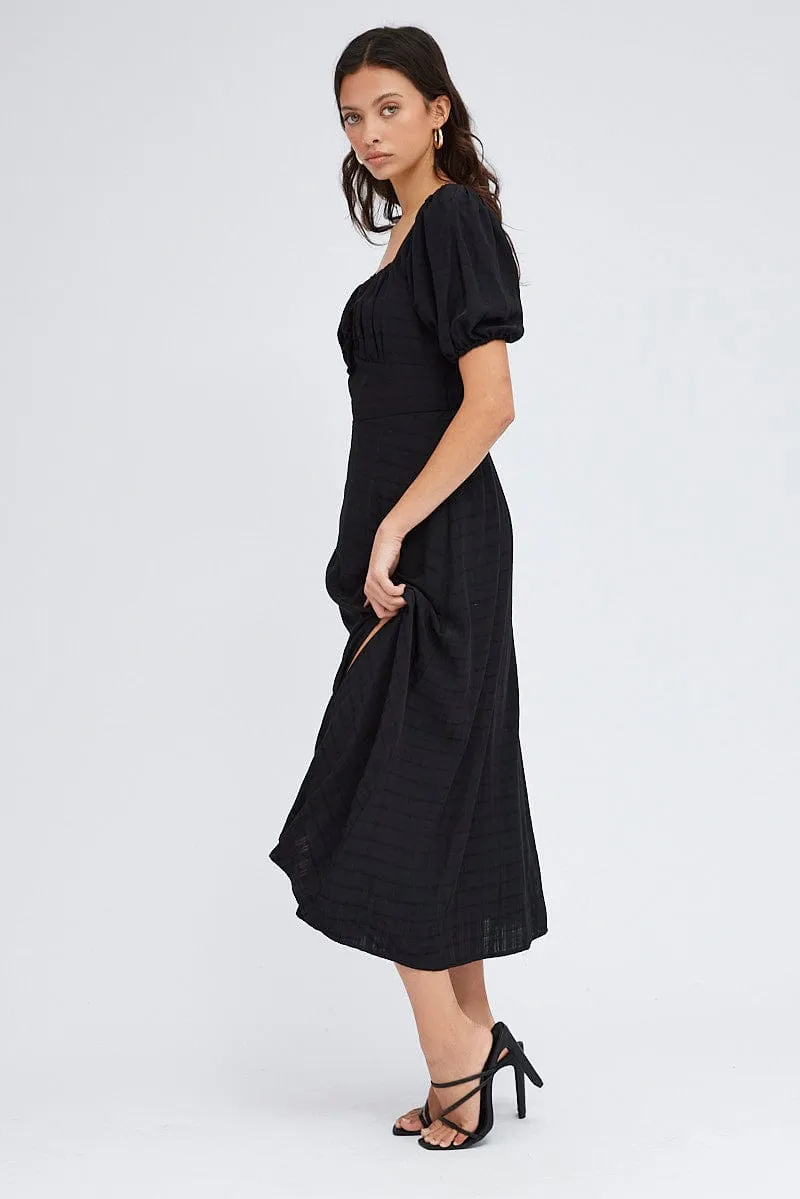 Flower Scent Black Midi Dress Short Sleeve Ruched Bust