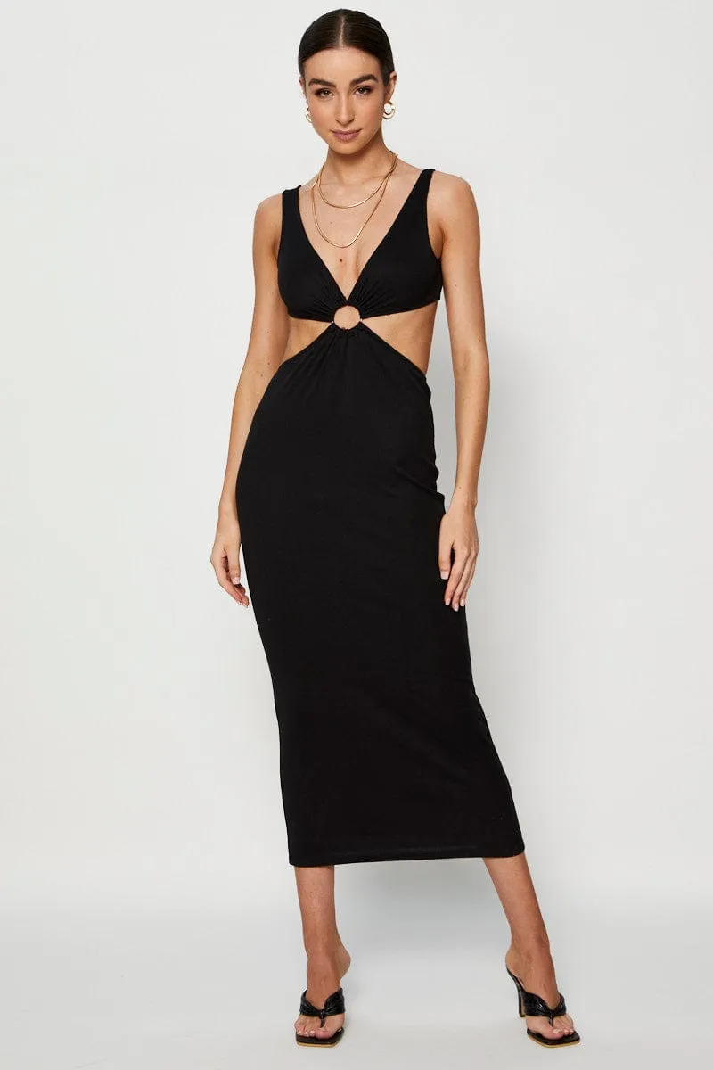 One Step Look Black Midi Dress Ribbed Cut Out