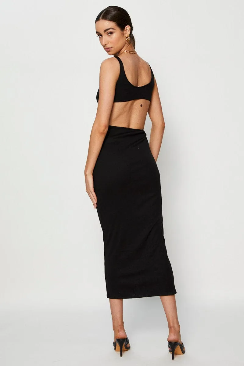 Black Midi Dress Ribbed Cut Out spring fresh