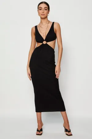 Black Midi Dress Ribbed Cut Out Coral Glow Fog Lane