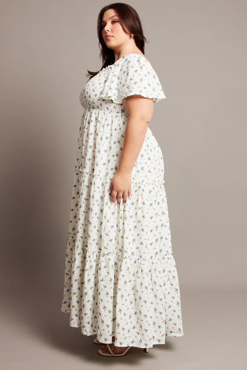 Blue Ditsy Maxi Dress Short Sleeve Shirred Ribbon Work